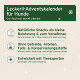 Ein festliches Bild mit einem verspielten Hund in einem grünen Pullover, umgeben von Feiertagsdekorationen, mit Text, der Haustiersnacks und Wohnkultur bewirbt.