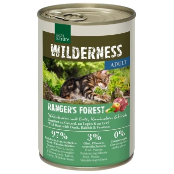 WILDERNESS Nassfutter Katze, Adult Ranger's Forest, Wildschwein mit Ente, Kaninchen und Hirsch 6x400 g Eine Dose "Wilderness Adult Ranger's Forest" Katzenfutter mit einer Bengal-Katze, die 97% Fleisch und 3% Früchte enthält, ohne Getreide.