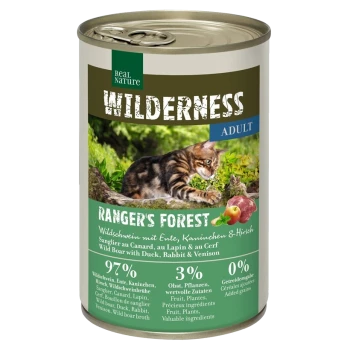 Eine Dose "Wilderness Adult Ranger's Forest" Katzenfutter mit einer Bengal-Katze, die 97% Fleisch und 3% Früchte enthält, ohne Getreide.