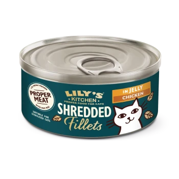 Lily's Kitchen Shredded Fillets cat food in jelly, chicken flavor, proper meat, suitable for sterilised cats.