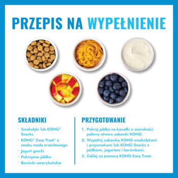 Grafika „PRZEPIS NA WYPEŁNIENIE”: sucha karma, masło orzechowe, jogurt, pokrojone jabłko, borówki oraz tekst o składnikach i przygotowaniu.