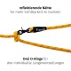 Helle gelbe Hundeleine mit reflektierenden Nähten und drei verstellbaren O-Ringen für eine anpassbare Länge. Deutscher Text betont die Sichtbarkeit.