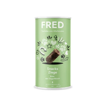 Grüner zylindrischer Behälter mit der Aufschrift 'FRED' und dem Text 'Snacks Ziege' und 'Bites aus Ziegenfleisch', mit einer Illustration eines Ziegenfleischsnacks.