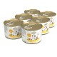 Sechs Dosen "Betty's Landhausküche" Katzenfutter, jeweils 200g, mit einem goldenen Deckel und bunten Etiketten mit Illustrationen von Katzen.