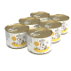 Sechs Dosen "Betty's Landhausküche" Katzenfutter, jeweils 200g, mit einem goldenen Deckel und bunten Etiketten mit Illustrationen von Katzen.