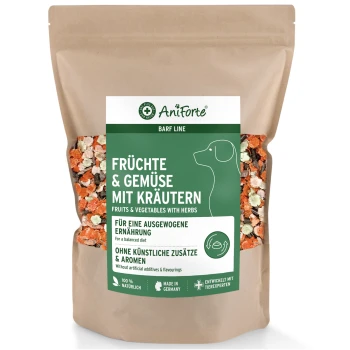 Tüte AniForte BARF Line Hundefutter mit Früchten, Gemüse und Kräutern, gekennzeichnet mit "100% natürlich" und "hergestellt in Deutschland."