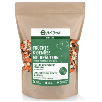Tüte AniForte BARF Line Hundefutter mit Früchten, Gemüse und Kräutern, gekennzeichnet mit "100% natürlich" und "hergestellt in Deutschland."
