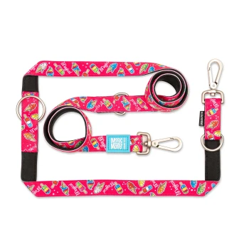 Rote Hundeleine und Geschirr-Set mit bunten Eis- und Popsicle-Mustern, beschriftet mit „Max & Molly Urban Pets“.