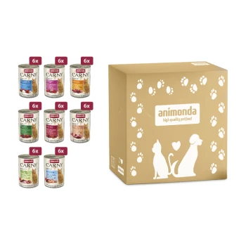 Carny Nassfutter Katze Adult Megapack 8 x 6x400 g Ein Karton mit der Aufschrift "animonda high quality petfood" mit Pfotenabdrücken und acht Dosen CARNY Haustierfutter daneben.