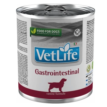 Dose mit VetLife Gastrointestinal-Hundefutter mit blauem Logo und Hundesilhouette, gekennzeichnet für Hunde mit speziellen Ernährungsbedürfnissen.