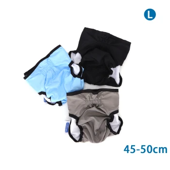 Drei Haustierwindeln in blauen, schwarzen und grauen Farben, mit der Größe L gekennzeichnet, geeignet für Taillenumfänge von 45-50 cm.