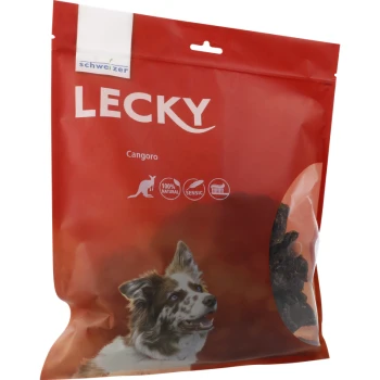 Rote Verpackung von LECKY Hundeleckerlis mit einem Border Collie, beschriftet mit "Cangoro" und "100% Natürlich" mit Symbolen für Empfindlichkeit.