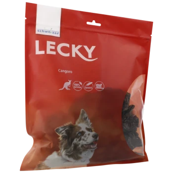 Rote Verpackung von LECKY Hundeleckerlis mit einem Border Collie, beschriftet mit "Cangoro" und "100% Natürlich" mit Symbolen für Empfindlichkeit.