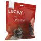 Emballage rouge de friandises pour chiens LECKY avec un border collie, étiqueté "Cangoro" et "100% Naturel" avec des icônes pour la sensibilité.