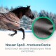Ein schwarzes Pferd im Schnee mit einer braunen wasserdichten Decke, die Tropfen zeigt. Text: "Nasser Spaß - trockene Decke" und "Schützt vor Nässe."