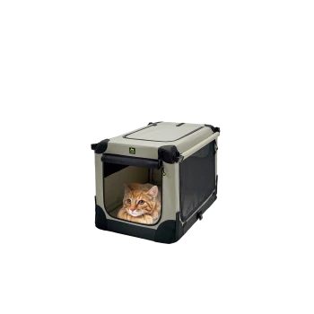 Eine hellgraue Haustiertrage mit schwarzen Akzenten, mit einer roten Katze, die aus der vorderen Netzöffnung schaut.