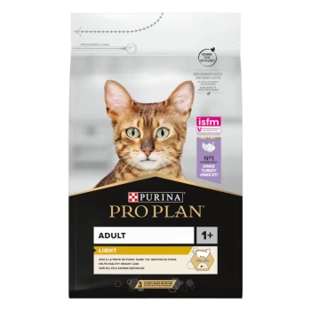 Purina Adult Light – Reich an Truthahn 3 kg Purina Pro Plan Adult Light Katzenfutterbeutel mit einer Nahaufnahme des Gesichts einer Bengal-Katze, mit Text, der die Vorteile eines gesunden Gewichtsverlusts hervorhebt.