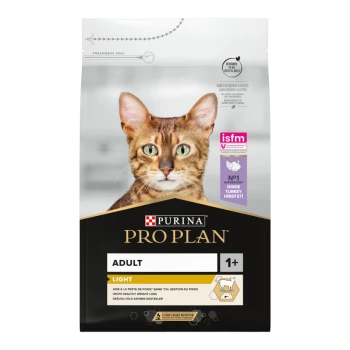 Sac de nourriture pour chats Purina Pro Plan Adult Light présentant un gros plan du visage d'un chat Bengal, avec un texte mettant en avant les avantages de la perte de poids saine.