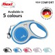 Blue flexi dog leash labeled "NEW COMFORT," available in 5 colors, featuring a silver clip and a silhouette of a dog.