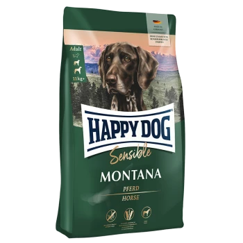 Hunde-Futterbeutel mit der Aufschrift "Happy Dog Sensible Montana" mit einem braunen Hund vor einem Berg-Hintergrund, 11kg, mit den Texten "Pferd" und "Horse".