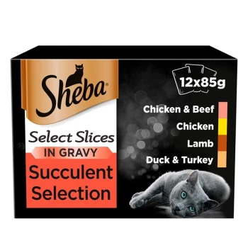 Sheba Select Slices in Gravy, Succulent Selection box featuring flavors: Chicken & Beef, Chicken, Lamb, Duck & Turkey; includes 12 packs of 85g.