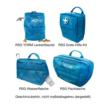 Vier blaue Kurgo-Haustierzubehörteile: Leckerlitasche, Erste-Hilfe-Set, Wasserflasche und Packtasche.