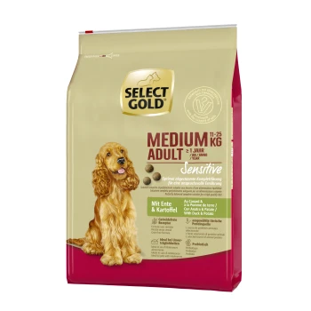 Sensitive Adult Medium Ente und Kartoffel 4 kg Select Gold Medium Adult Hundefutterbeutel, 11-25 kg, mit der Aufschrift "Sensibel" und Zutaten aus Ente und Kartoffel.