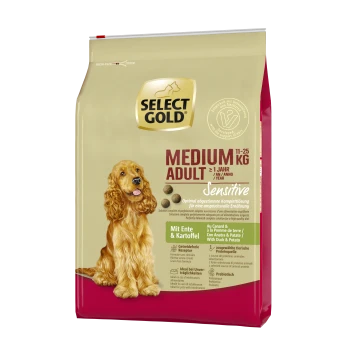 Select Gold Medium Adult Hundefutterbeutel, 11-25 kg, mit der Aufschrift "Sensibel" und Zutaten aus Ente und Kartoffel.