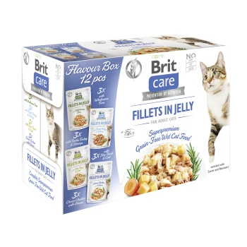 Brit Care Filets in Gelee Verpackung für getreidefreies Nassfutter für Katzen, mit einem Katzenbild und Geschmacksrichtungen: Thunfisch, Truthahn, Huhn.
