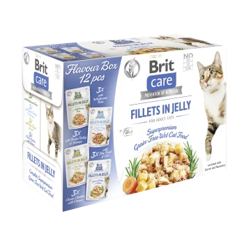 Brit Care Filets in Gelee Verpackung für getreidefreies Nassfutter für Katzen, mit einem Katzenbild und Geschmacksrichtungen: Thunfisch, Truthahn, Huhn.