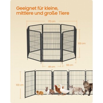 Schwarzer Metall-Tierlaufstall 170×100 cm; Text 'Geeignet für kleine, mittlere und große Tiere'; abgebildet Kleintiere und Katzen.