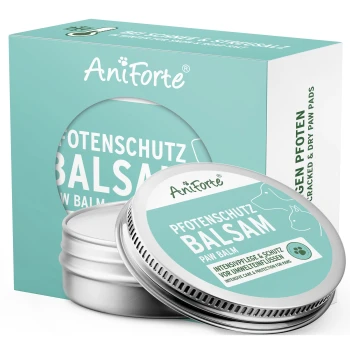 AniForte Pfotenbalsam Verpackung mit einer silbernen Dose und einem türkisfarbenen Etikett, das 'Pfotenschutz Balsam' und 'Intensive Pflege & Schutz für Pfoten' angibt.