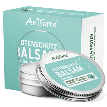 AniForte Pfotenbalsam Verpackung mit einer silbernen Dose und einem türkisfarbenen Etikett, das 'Pfotenschutz Balsam' und 'Intensive Pflege & Schutz für Pfoten' angibt.