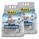 Deux sacs de litière pour chat MultiFit Carbon Comfort, avec un chat gris se prélassant dessus, d'une capacité de 12L et une formule agglomérante.