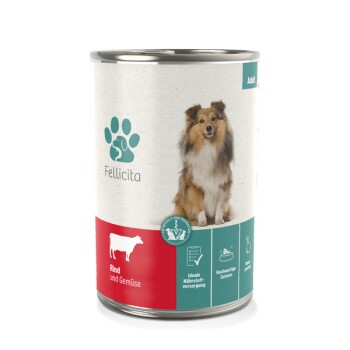 Dosenfutter für Hunde mit der Bezeichnung "Fellicita", das Rindfleisch und Gemüse enthält, mit einem Bild eines Collies und Text, der die ideale Ernährung hervorhebt.