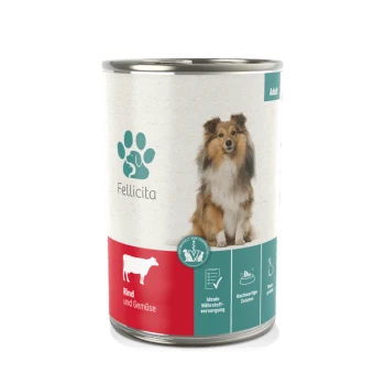 Dosenfutter für Hunde mit der Bezeichnung "Fellicita", das Rindfleisch und Gemüse enthält, mit einem Bild eines Collies und Text, der die ideale Ernährung hervorhebt.