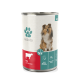Dosenfutter für Hunde mit der Bezeichnung "Fellicita", das Rindfleisch und Gemüse enthält, mit einem Bild eines Collies und Text, der die ideale Ernährung hervorhebt.
