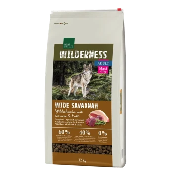 Hundefutterbeutel mit der Aufschrift 'Wilderness Wide Savannah', der Wildschwein, Lamm und Ente enthält, mit 60% Fleischanteil, 40% Früchten und 0% Getreide.