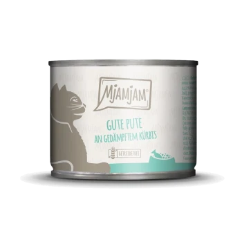 Katze Futterdose mit einer Silhouette einer Katze, beschriftet "MJAMJAM GUTE PUTE an gedämpftem Kürbis" in Hellblau und Grau.