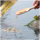 Eine Hand, die mit einer Holzschaufel buntes Fischfutter in einen Teich gießt, während Wellen im Wasser entstehen. Ein "PREMIUM"-goldenes Banner ist in der Ecke.