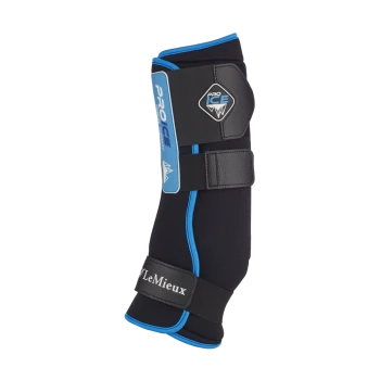 Schwarze und blaue Beinschiene für Haustiere mit verstellbaren Riemen, beschriftet mit "PRO ICE" und "LeMieux", entworfen für Unterstützung und Therapie.