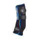Schwarze und blaue Beinschiene für Haustiere mit verstellbaren Riemen, beschriftet mit "PRO ICE" und "LeMieux", entworfen für Unterstützung und Therapie.