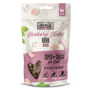 MAC's Shakery Sticks Huhn (Chicken) Super Snack für Katzen, Beutel in Rosa/Beige, mit Herzfenster, das die Leckerlis zeigt.
