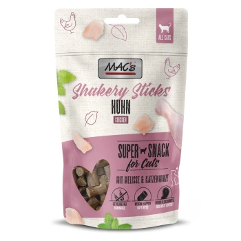 MAC's Shakery Sticks Huhn (Chicken) Super Snack für Katzen, Beutel in Rosa/Beige, mit Herzfenster, das die Leckerlis zeigt.