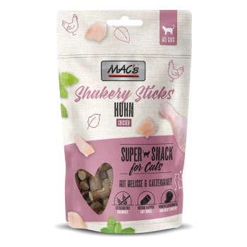 MAC's Shakery Sticks Huhn (Chicken) Super Snack für Katzen, Beutel in Rosa/Beige, mit Herzfenster, das die Leckerlis zeigt.