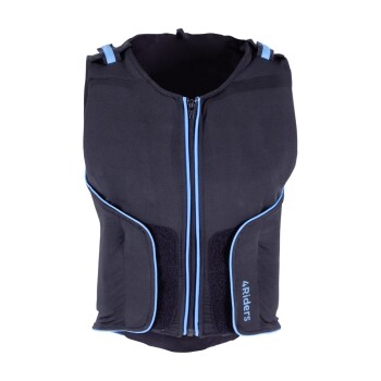 Schwarze Haustierweste mit blauen Akzenten und einem Reißverschluss vorne, mit zwei Seitentaschen und dem Markennamen "4Riders" auf der rechten Seite.