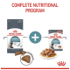 Royal Canin Hairball Care pet food: a bag of dry kibble, a wet food pouch, and a plate of wet food. Text: "COMPLETE NUTRITIONAL PROGRAM."
