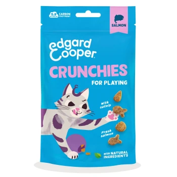Blue Edgard Cooper CRUNCHIES cat treats pouch, salmon flavor, playful cat illustration, labeled with catnip and fresh salmon
