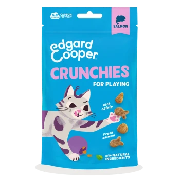 Blue Edgard Cooper CRUNCHIES cat treats pouch, salmon flavor, playful cat illustration, labeled with catnip and fresh salmon