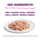 Plate of shredded salmon and chicken in broth with text: MSC salmon 30%, chicken 30%, broth, tapioca starch.